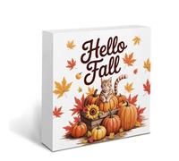 Rustic Tis' the Season Pumpkin Wood Box Sign, Farmhouse Retro Fall Artwork Decor, Autumn Harvest Thanksgiving Wooden Desk Block Signs Home Shelf Office Decoration 5 x 5 Inches
