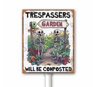 Rustic TRESPASSERS WILL BE COMPOSTED Garden Sign, Private Garden No Trespassing, Funny Skull Sign, Yard Decor With Stake 12x15 CM Sturdy Aluminum Fade Resistant Easy Installation