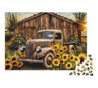 Rustic Truck Garden 1000 Pieces Puzzles Beautiful View Sunflower Truck Barn Wall Decoration Decompression Jigsaw for Men And Women Challenging Puzzles Jigsaw Puzzles for Adults 52x38cm/1000pcs