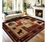 Rustic Vintage Area Rugs for Bedroom Living Room 80 × 150 | Forest Cabin Bear Washable Carpet. Brown Red Easy To Clean, Non Slip, for Living Room, Hall, Bedroom, Low Pile