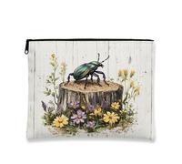 Rustic Vintage Beetle Makeup Bag, Floral Cosmetic Travel Pouch for Women, Portable Canvas Zipper Organizer, Spring Skincare Toiletry Bag 7x9 Inch