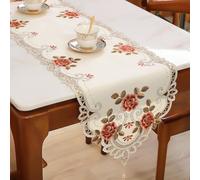 Rustic Vintage Embroidered Lace Tablecloth in Satin Fabric for Dining and Event Decoration, Featuring Sophisticated Floral Design and Oval Shape (40 * 176cm Deep red)