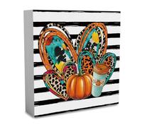 Rustic Vintage Fall Pumpkin Heart Leopard Wood Box Sign,Farmhouse Retro Fall Artwork Decorations,Autumn Harvest Wooden Square Sign Desk Block Signs Home Shelf Office Decoration 5x5 Inch