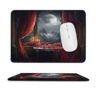 Rustic Vintage Gothic Castles Non-Slip Base Mouse Pad,Colorful Mid Century Castle Red Wine Rose Candles Full Moon Stitched Edges for Decoration,Most Types of Mouse 9.4"x7.9"