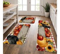 Rustic Vintage Kitchen Mats for Floor, Red Apples and Pumpkins Soft Mats, Cushioned Comfort Washable Non Slip Decor Rugs for Kitchen Sinks Laundryroom Bathroom 3Pcs