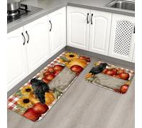 Rustic Vintage Kitchen Mats for Floor, Red Apples and Pumpkins Soft Mats, Cushioned Comfort Washable Non Slip Decor Rugs for Kitchen Sinks Laundryroom Bathroom 2PCS