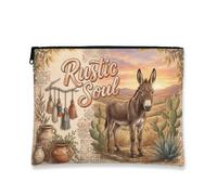 Rustic Vintage Makeup Bag, Donkey Pattern Cosmetic Travel Pouch for Women, Portable Canvas Zipper Organizer, Nature-Themed Toiletry Bag, Brown, 7x9 Inch, Soul