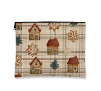 Rustic Vintage Makeup Bag, Gingerbread House Pattern Cosmetic Travel Pouch for Women, Portable Canvas Zipper Organizer, Winter Holiday Toiletry Bag, Brown, 7x9 Inch, House