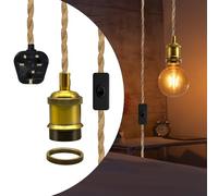 Rustic Vintage Plug in Pendant Lighting, Brass E27 Lamp Holder Suspended Pendant Light Fitting Kit, Hemp Rope Hanging Lamp with 16.7 Ft Cable,Retro Plug in Ceiling Light Fixture,DIY Lamp Kit for Loft