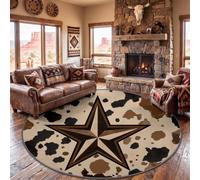 Rustic Vintage Round Area Rug Living Room, Washable Non Slip Carpet 200 cm | Soft Low Pile American Western Ethnic Tribal Geometric Stars Circle Rug, Tan Stain Resistant Carpet for Bedroom Living Room