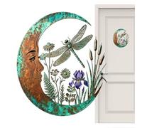 Rustic Vintage Round Metal Sign, Dragonfly Moon Celestial Wall Ornament