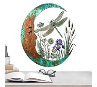 Rustic Vintage Round Metal Sign, Dragonfly Moon Celestial Wall Ornament
