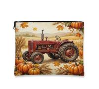 Rustic Vintage Tractor Makeup Bag, Fall Pumpkin Farm Cosmetic Pouch for Women, Portable Canvas Zipper Organizer, Autumn Harvest Toiletry Bag, Red, 7x9 Inch, Tractor