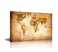 Rustic Wall Decor for Living Room Retro World Map Picture 1 Piece Prints on Canvas Brown Painting for Room Contemporary House Decor Artwork Framed Gallery-Wrapped Ready to Hang(16" Wx24 H)