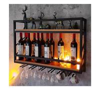 Rustic Wall-Mounted Wine Rack with Glass Holder Industrial Metal Wine Bottle Holder 2-Tier Wooden Shelf Floating Shelves for Living Room Decor