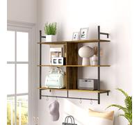 HOMCOM Wall Shelf Unit with 4 Hooks for Living Room - Rustic Brown - 104L x 24W x 96.5Hcm