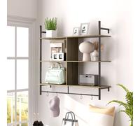 Rustic Wall Shelving with 4 Hooks for Living Room, Entryway HOMCOM Grey One Size