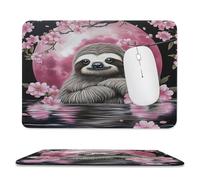 Rustic Watercolor Sloth Stitched Edge Mouse Pad,Abstract Vintage Tropical Animal Sloth Cherry Blossom Full Moon Soft Mousepad with Non-Slip for Office,Home 9.4"x7.9"