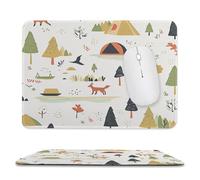 Rustic Watercolor Tent Non-Slip Base Mouse Pad,Cartoon Cute Camping Travel Forest Trees Wildlife Fox Stitched Edges for Decoration,Most Types of Mouse 9.4"x7.9"
