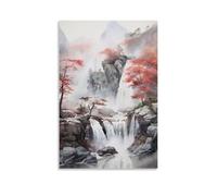 Rustic Waterfall Canvas Wall Art, Abstract Pond Plants Nature Landscape Painting on Textured Canvas Prints Picture Poster for Living Room Bedroom Home Wall Decoration Unframe 16x24inch(40x60cm)