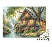 Rustic Watermill Cottage 1000 Piece Rustic Watermill Cottage Scene Jigsaw Puzzles for Adults And Kids Challenging Games 1000 Pieces Stress Reliever Birthday Gifts 52x38cm/1000pcs