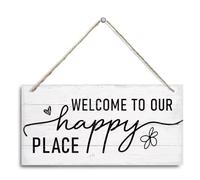 Rustic Welcome Wooden Hanging Sign - Decorative Wall Plaque with “Welcome to Our Happy Place”, Farmhouse Front Door and Porch Decoration, Entryway or Foyer Wall Art, Camper and Camping Home Decor for