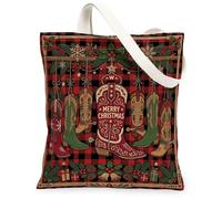 Rustic Western Christmas Cowboy Boot Boots Canvas Tote Bag 13x15 Inch | Western Theme, Buffalo Plaid, Rustic Holiday Decor, Country Style, Seasonal Accessory