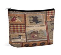 Rustic Western Country Check Plaid Cabin Wild Lodge Bear Portable Cosmetic Bag Multifunction Storage Pouch PU Makeup Bag, Stationery Organizer with Zipper for Reunion Office