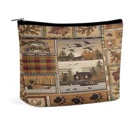 Rustic Western Country Check Plaid Cabin Wild Lodge Bear Portable Cosmetic Bag Multifunction Storage Pouch PU Makeup Bag, Stationery Organizer with Zipper for Reunion Office