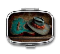 Rustic Western Country Music Cowboy Hat Guitar Pill Box 2 Compartment Portable Medicine Pill Case Travel Pill Organizer for Pocket Purse