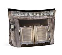 Rustic Western Saloon Entrance PU Leather Cosmetic Bag for Women Portable Travel Makeup Pouch with Zipper Cute Toiletry Bag Ideal Gift for Girls Ladies Mom