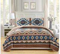 Rustic Western Southwestern Native American Tribal Navajo Design Oversized Bedspread Quilt Set in Beige Taupe Brown Blue Green Austin Taupe (King/California King)
