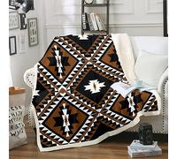 Rustic Western Twin 60"x80" Throw Blanket for Men,Southwestern Aztec Fleece Blanket Bohemian Sherpa Blanket Ethnic Mexican Geometric Diamond Flannel Blanket Brown Black White Farmhouse Room Decor