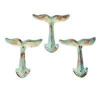 Rustic White Cast Iron Whale Tail Wall Hooks, 4 1/2 Inches, Set of 3