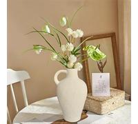 Rustic White Ceramic Vase for Home Decor, Antique Farmhouse Clay Jug Pitcher Vases for Aesthetic Textured Large Vintage Pottery with Handle for Centerpiece…