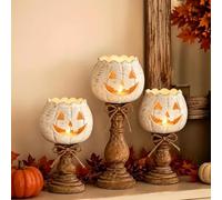 Rustic White Pumpkin Tealight Candle Holder Set of 3, Distressed White Crackle Pumpkin Lanterns, Vintage Fall Table Decor, Halloween Distressed Candle Holders, Dining Table Harvest Centerpiece