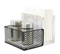 Rustic Whitewashed Wood Napkin Holder with Black Metal Mesh Spice Rack - 2-in-1 Farmhouse Style Napkin and Condiment Organizer for Kitchen or Restaurant, 5.5” x 6.5” x 5”