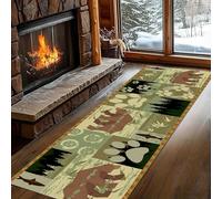 Rustic Wildlife Long Runner Rug 60 x 240 cm, Bear fish pine bamboo leaves pattern Long area Rug, Tribal Retro style Washable Non-Slip Tan Olive Green Floor mat for Entrance Hallway Bedroom Carpet