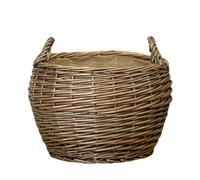 Rustic Willow Log Basket, Antique Wash Finish, Hessian Lined, Rounded Belly Shape, 35x30x35cm, with Carrying Handles for Fireplace Wood Storage