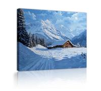 Rustic Winter Cabin Canvas Wall Art Snowy Mountain Forest Landscape Print Framed Painting Posters for Farmhouse Bedroom Wall Decor 85x120cm Innerframe