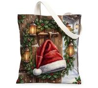 Rustic Winter Holiday Santa Hat Christmas Canvas Tote Bag 13x15 Inch | Rustic Pine Wreath, Glowing Lanterns, Snowy Door Scene, Festive Winter Atmosphere, Holiday Home Decor