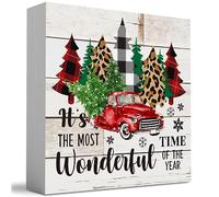 Rustic Winter Merry Christmas Tree Wood Box Sign, It's the Most Wonderful Time of the Year Truck Farmhouse Christmas Santa Artwork Decor, Home Shelf Office Decoration5x5 inch