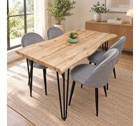 Rustic Wood-Effect Wavy Dining Table Set with 4 Grey Velvet Chairs, 140X80x75cm - Brown