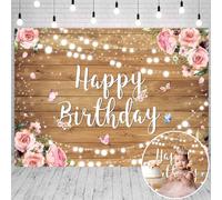 Rustic Wood Floral Happy Birthday Backdrop Glitter Wood Wall Pink Flower Photography Background Girl Women Newborn Kids Birthday Party Cake Table Decoration Banner (7X5FT (210x150cm))