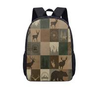 Rustic Wood Grain Bear Deer Forest 17 Inch Backpack Rucksack, Lookout Tower Tree Silhouettes Kids School Students Hunting Woodland Outdoor Travel Daypack (04)