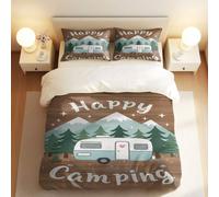 Rustic Wood Grain Camper Camping Duvet Cover Set, 3pcs Bedding, Heart Truck & Pine Trees Design, Perfect for Bedroom (04,Double + 80 x 80cm x2)