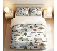 Rustic Wood Grain Camper Camping Duvet Cover Set, 3pcs Bedding, Heart Truck & Pine Trees Design, Perfect for Bedroom (02,Double + 80 x 80cm x2)