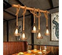 Rustic Wood Industrial Hanging Light Retro Hemp Rope Ceiling Pendant Light Metal Iron Cage Lamp E27 Light Fixture Chandelier for Kitchen Island Living Room Dining Room Restaurant Decoration 5 Lights