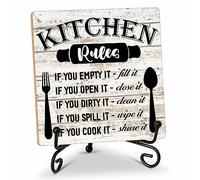Rustic Wood Plaque with Stand - Kitchen Decor - Kitchen Rules Wood Sign - Idea Wooden Decor for Home Living Room Dining Room Shelf Table Decoration (31)