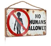Rustic Wood Sign No Humans Allowed Sign with Alien Wooden Sign Funny Bathroom Art Wood Pantry Signs for Kitchen(20X30CM)